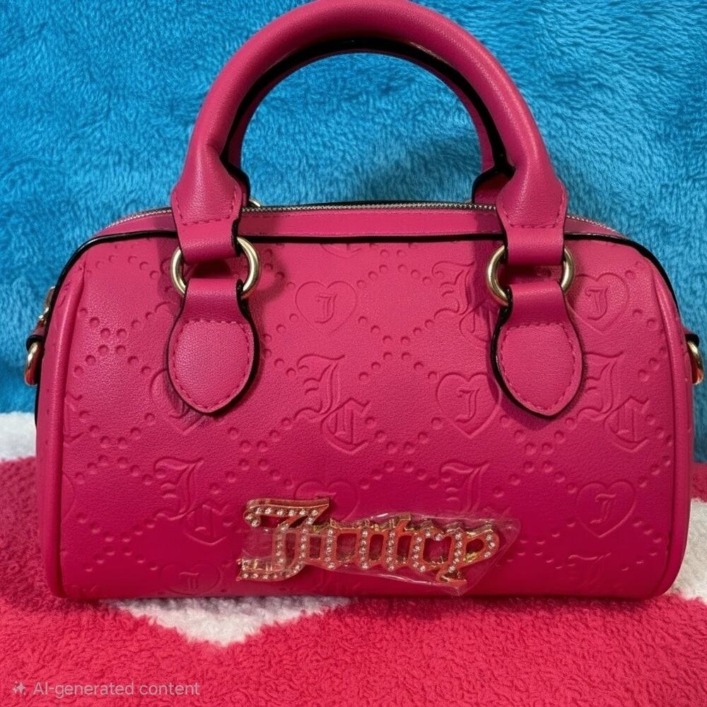 Juicy Couture Mini Satchel Crossbody Bag Hot Pink Embossed Heart Rhinestone Logo